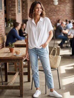 BCBGeneration White Twist Hem Button Up Shirt with Eyelet Back M